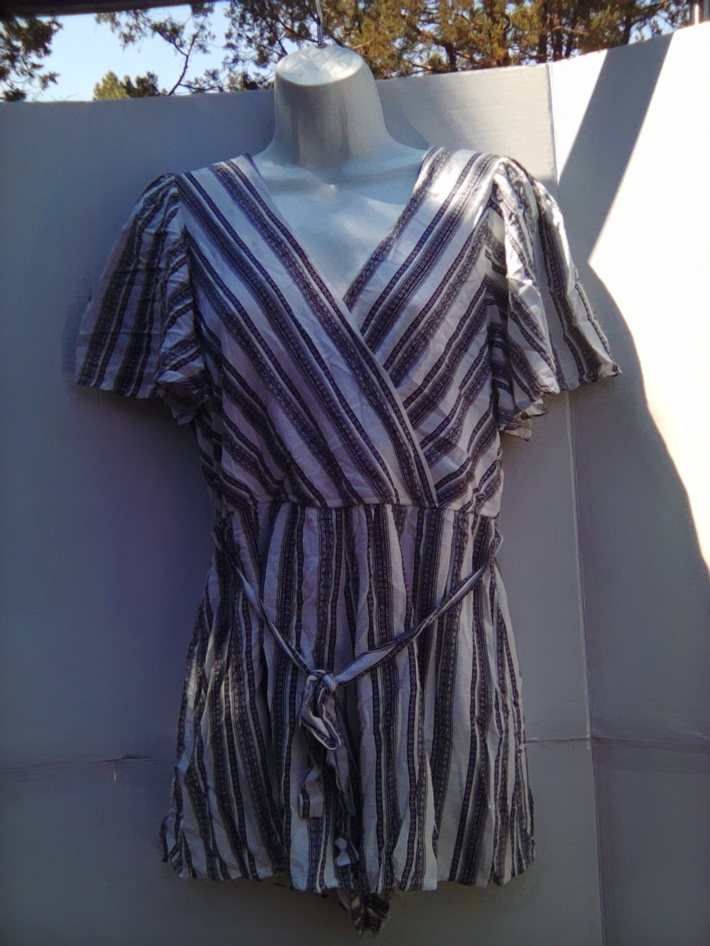 Striped V-Neck Short Sleeve Romper in Black and White